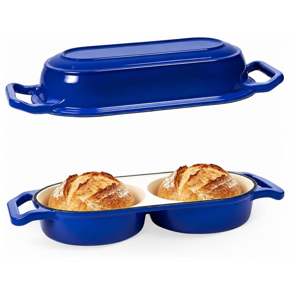 Blue Enamelled Cast Iron Dutch Oven for Sourdough Bread, 500°F Oven Safe, Double Round Loaf Non Stick Pot