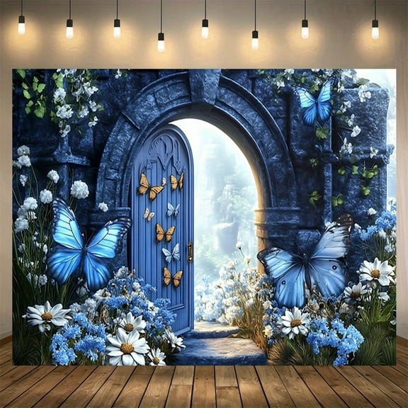 Blue Enchanted Forest Backdrop Fairy Tale Enchanted Garden Wonderland Wooden Door Floral Butterfly Photography Background for Kids Girl Baby Shower Birthday Party Decorations Banner Booth Props