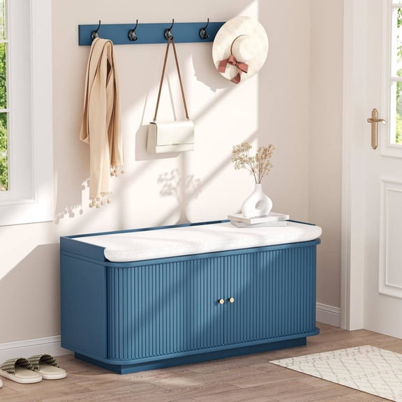 Blue Entryway Hall Tree with Shoe Storage, Sliding Door Cabinet, Padded Seat & Adjustable Compartments