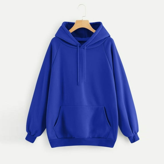 Blue Essentials Hoodie, Polyester Hoodies for Women, Women's Casual Solid Color Hooded Pocket Long Sleeve Pullover Sweatshirt XXL
