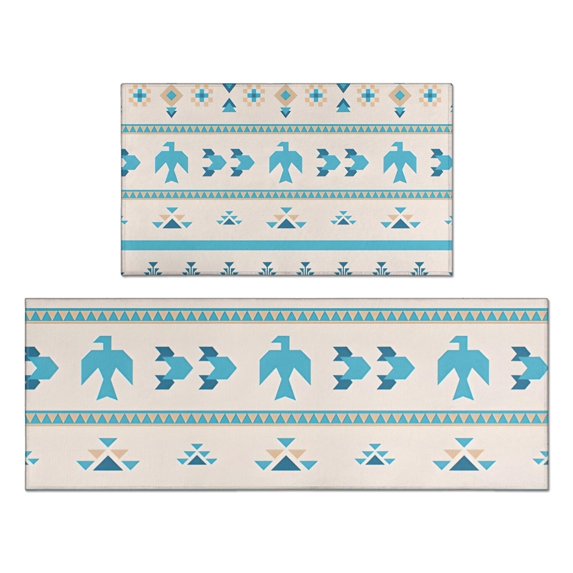Blue Ethnic Bird Pattern Kitchen Rugs Sets Of 2,Anti Fatigue Kitchen Mat Rugs Non Slip Washable,Decorative Kitchen Floor Mats for Kitchen,Sink,Laundry,17"x30"+17"x47"