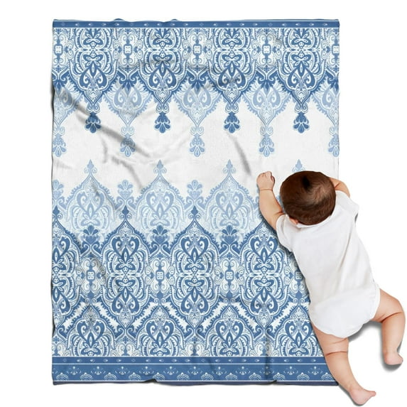 Blue Ethnic Floral Border Pattern Blanket,Comfortable Soft Flannel Throw Blanket,All Season,Warm Lightweight Blankets for Sofa Bed Couch Living Room Chair,30"x40"