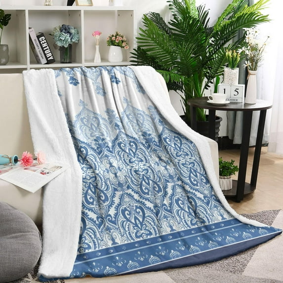 Blue Ethnic Floral Border Pattern Blanket,Comfortable Soft Lamb Wool Throw Blanket,All Season,Warm Lightweight Blankets for Sofa Bed Couch Living Room Chair,60"x80"
