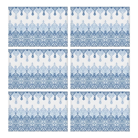 Blue Ethnic Floral Border Pattern Summer Placemats Table Placemats Set Of 6-Linen Kitchen Washable Placemats Table Mats 11.8"x17.7" Non-Slip Heat Resistant