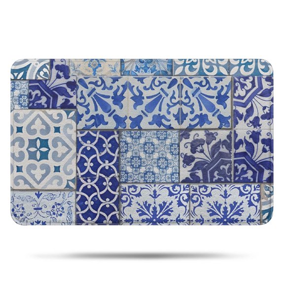 Blue Ethnic Floral Patchwork Pattern Bathroom Rugs Mat,Non Slip Microfiber Bathroom Rug,Rubber Backing,Soft Bathroom Mats for Bathroom Floor,Tub and Shower,17x27in(43x68cm)