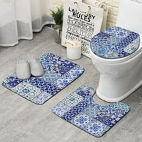 Blue Ethnic Floral Patchwork Pattern Bathroom Rugs Sets 3 Piece,Toilet Cover Set,Absorbent Non Slip Bathroom Mats Sets with U-Shaped Contour Rug Toilet Rug Set