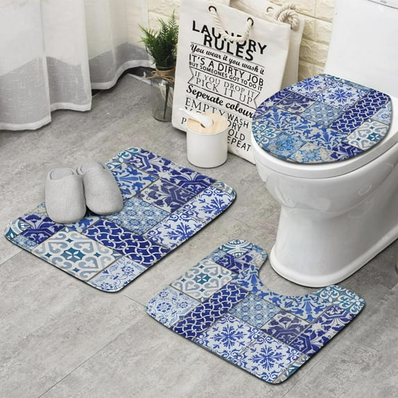 Blue Ethnic Floral Patchwork Pattern Bathroom Rugs Sets 3 Piece,Toilet Cover Set,Absorbent Non Slip Bathroom Mats Sets with U-Shaped Contour Rug Toilet Rug Set