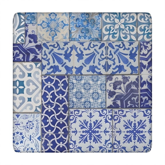 Blue Ethnic Floral Patchwork Pattern Square Fitted Tablecloth with Elastic Edge,Square Table Cover,Washable Elastic Table Cover for Home Kitchen Party Decor 34"x34"