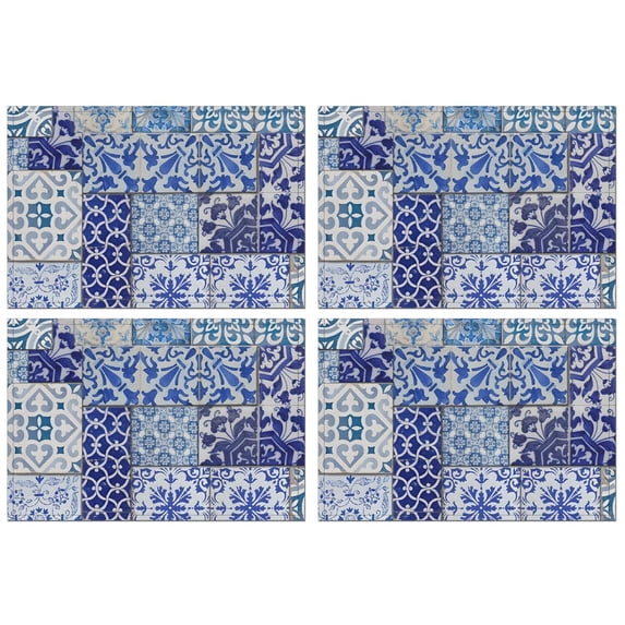 Blue Ethnic Floral Patchwork Pattern Summer Placemats Table Placemats Set Of 4-Linen Kitchen Washable Placemats Table Mats 11.8"x17.7" Non-Slip Heat Resistant