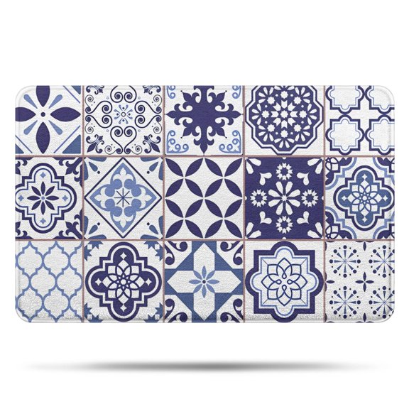 Blue Ethnic Geometric Patchwork Pattern Bathroom Rugs Mat,Non Slip Microfiber Bathroom Rug,Rubber Backing,Soft Bathroom Mats for Bathroom Floor,Tub and Shower,20x32in(50x80cm)