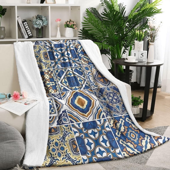 Blue Ethnic Geometric Patchwork Pattern Blanket,Comfortable Soft Flannel Throw Blanket,All Season,Warm Lightweight Blankets for Sofa Bed Couch Living Room Chair,50"x60"