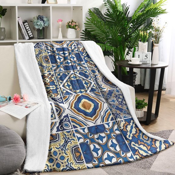 Blue Ethnic Geometric Patchwork Pattern Blanket,Comfortable Soft Lamb Wool Throw Blanket,All Season,Warm Lightweight Blankets for Sofa Bed Couch Living Room Chair,40"x50"