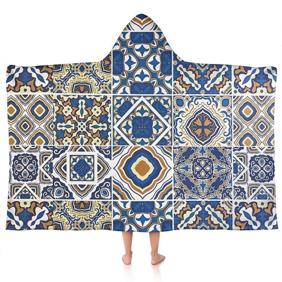 Blue Ethnic Geometric Patchwork Pattern Hooded Bath Towel,50"x30" for Ages 3 To 12 Kids, Quick Dry Lightweight Soft Microfiber Hood Beach Towel Cover Up for Kids