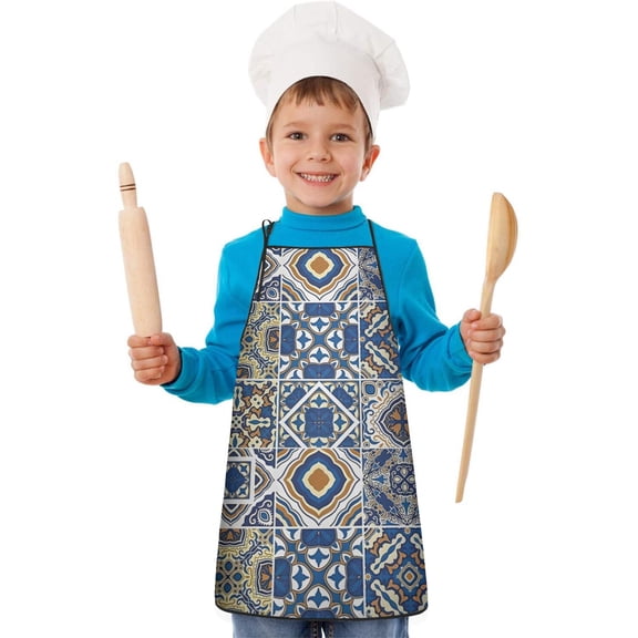 Blue Ethnic Geometric Patchwork Pattern Kids Aprons for Girls and Boys,Adjustable Neck Strap Toddler Aprons for Kids Cooking Baking