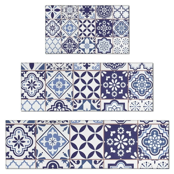 Blue Ethnic Geometric Patchwork Pattern Kitchen Rugs Sets Of 3,Kitchen Runner Rugs Non Skid Washable,Decorative Kitchen Floor Mats for Kitchen,Sink,Laundry,17"x30"+ 17"x47" + 17"x59"