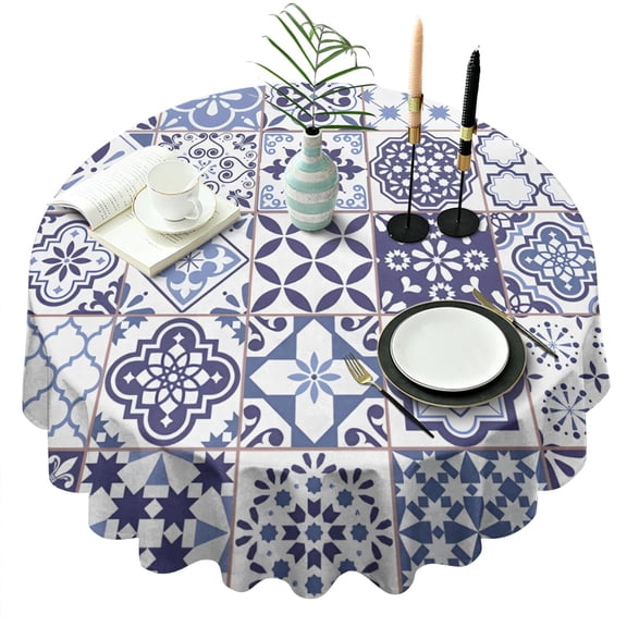 Blue Ethnic Geometric Patchwork Pattern Round Tablecloth 60"x60",Wrinkle Wipeable Table Cloth for Kitchen Dining Room Picnic Patio Party