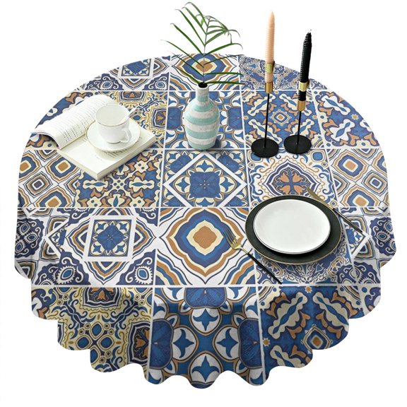 Blue Ethnic Geometric Patchwork Pattern Round Tablecloth 60"x60",Wrinkle Wipeable Table Cloth for Kitchen Dining Room Picnic Patio Party