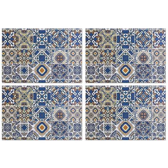 Blue Ethnic Geometric Patchwork Pattern Summer Placemats Table Placemats Set Of 4-Linen Kitchen Washable Placemats Table Mats 11.8"x17.7" Non-Slip Heat Resistant