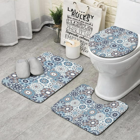 Blue Ethnic Geometric Pattern Bathroom Rugs Sets 3 Piece,Toilet Cover Set,Absorbent Non Slip Bathroom Mats Sets with U-Shaped Contour Rug Toilet Rug Set
