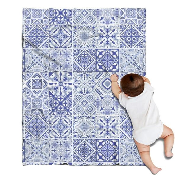 Blue Ethnic Geometric Pattern Blanket,Comfortable Soft Lamb Wool Throw Blanket,All Season,Warm Lightweight Blankets for Sofa Bed Couch Living Room Chair,30"x40"