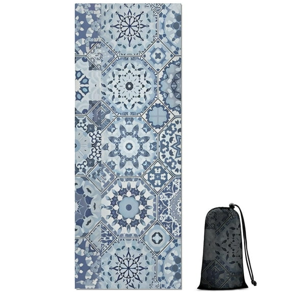 Blue Ethnic Geometric Pattern Hot Yoga Mat Towel Non Slip for Hot Yoga - Quick-Drying Yoga Mat Cover with 4 Corner Pockets with Travel Bag - Hot Yoga Towel Non Slip 74"x26"