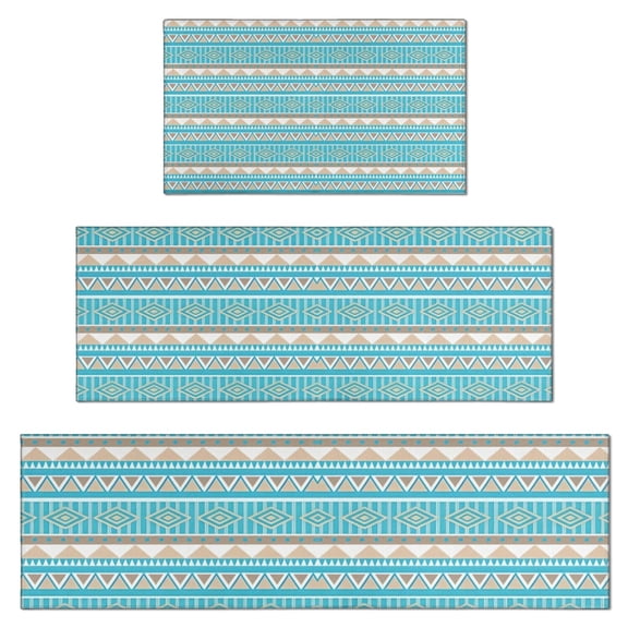 Blue Ethnic Geometric Pattern Kitchen Rugs Sets Of 3,Kitchen Runner Rugs Non Skid Washable,Decorative Kitchen Floor Mats for Kitchen,Sink,Laundry,17"x30"+ 17"x47" + 17"x59"