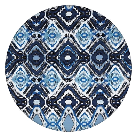 Blue Ethnic Geometric Pattern Round Fitted Tablecloth with Elastic Edge,Dining Table Cover Waterproof,Outdoor Round Tablecloth for Camping,Dining,Indoor and Outdoor