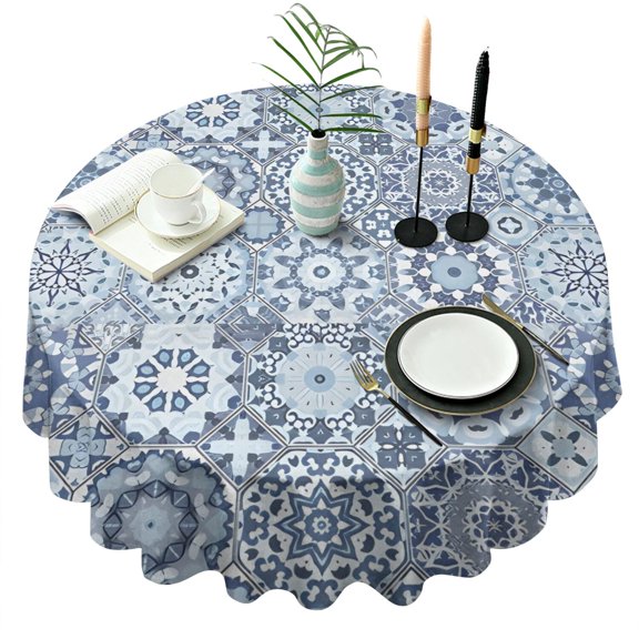 Blue Ethnic Geometric Pattern Round Tablecloth 60"x60",Wrinkle Wipeable Table Cloth for Kitchen Dining Room Picnic Patio Party