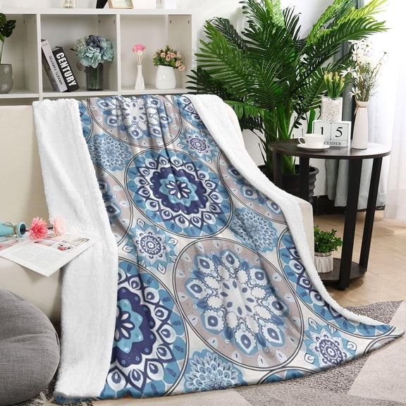 Blue Ethnic Mandala Pattern Blanket,Comfortable Soft Flannel Throw Blanket,All Season,Warm Lightweight Blankets for Sofa Bed Couch Living Room Chair,60"x80"