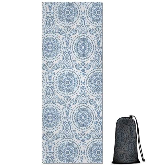 Blue Ethnic Mandala Pattern Hot Yoga Mat Towel Non Slip for Hot Yoga - Quick-Drying Yoga Mat Cover with 4 Corner Pockets with Travel Bag - Hot Yoga Towel Non Slip Grip Moisture Wicking Sweat 70"x26"