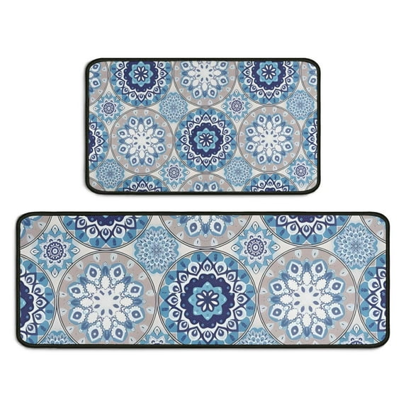 Blue Ethnic Mandala Pattern Kitchen Rugs Sets Of 2,Anti Fatigue Kitchen Mat Rugs Non Slip Washable,Decorative Kitchen Floor Mats for Kitchen,Sink,Laundry,17"X30"+17"X47"