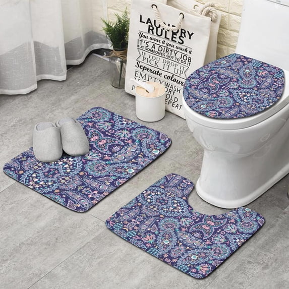 Blue Ethnic Paisley and Floral Pattern Bathroom Rugs Sets 3 Piece,Toilet Cover Set,Absorbent Non Slip Bathroom Mats Sets with U-Shaped Contour Rug Toilet Rug Set