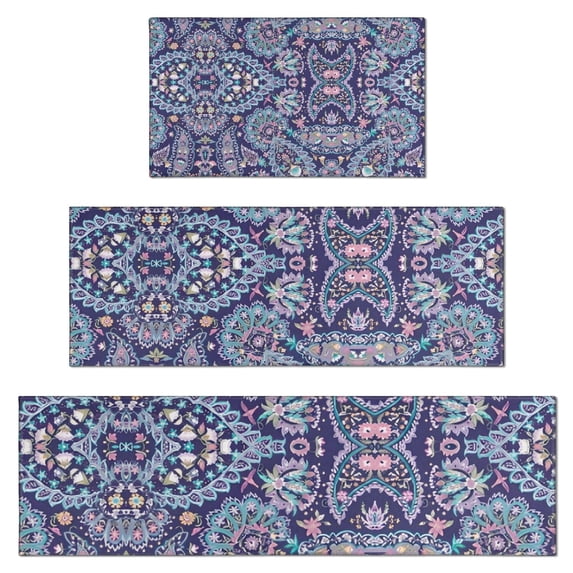 Blue Ethnic Paisley and Floral Pattern Kitchen Rugs Sets Of 3,Kitchen Runner Rugs Non Skid Washable,Decorative Kitchen Floor Mats for Kitchen,Sink,Laundry,17"x30"+ 17"x47" + 17"x59"