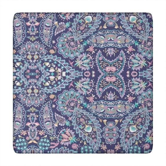 Blue Ethnic Paisley and Floral Pattern Square Fitted Tablecloth with Elastic Edge,Square Table Cover,Washable Elastic Table Cover for Home Kitchen Party Decor 34"x34"