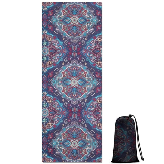 Blue Ethnic Paisley Pattern Hot Yoga Mat Towel Non Slip for Hot Yoga - Quick-Drying Yoga Mat Cover with 4 Corner Pockets with Travel Bag - Hot Yoga Towel Non Slip Grip Moisture Wicking Sweat 70"x26"