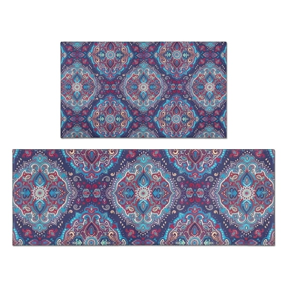 Blue Ethnic Paisley Pattern Kitchen Rugs Sets Of 2,Anti Fatigue Kitchen Mat Rugs Non Slip Washable,Decorative Kitchen Floor Mats for Kitchen,Sink,Laundry,17"x30"+17"x47"