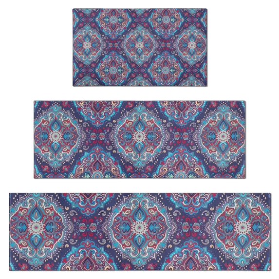 Blue Ethnic Paisley Pattern Kitchen Rugs Sets Of 3,Kitchen Runner Rugs Non Skid Washable,Decorative Kitchen Floor Mats for Kitchen,Sink,Laundry,17"x30"+ 17"x47" + 17"x59"