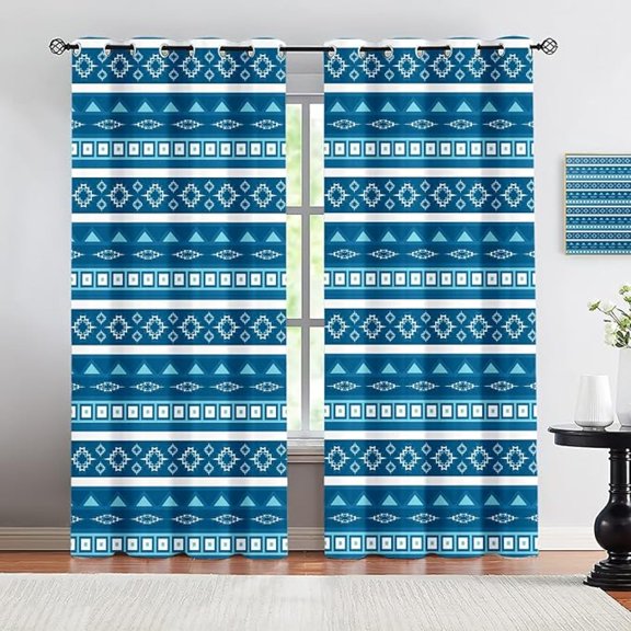 Blue Ethnic Style Blackout Curtains, Abstract Retro Geometric Element Design Window Treatments, Grommet Thermal Insulated Drapes for Living Room Bedroom Room 26"W x 45"L (Pack of 2)