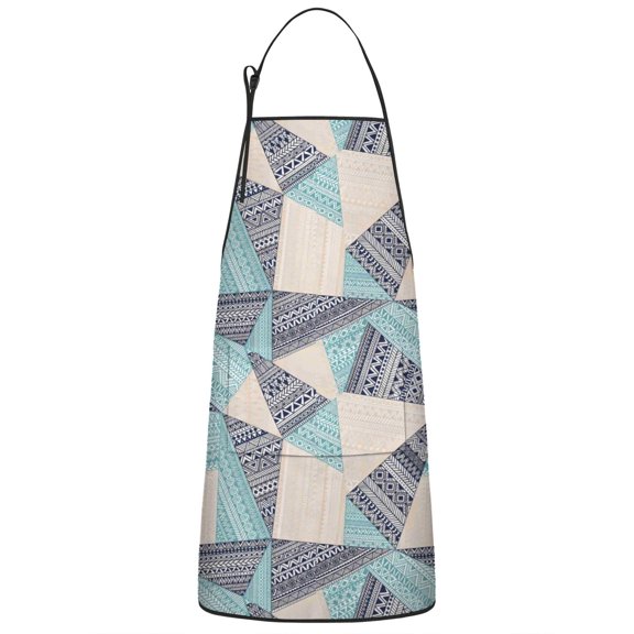 Blue Ethnic Triangle and Geometric Pattern Apron-Garden Aprons for Women with Pockets-Cotton Linen Waterproof Kitchen Cooking Gardening Aprons Adjustable for Kitchen,Cooking,BBQ and Salon 33x27 Inch