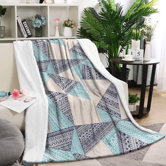 Blue Ethnic Triangle and Geometric Pattern Blanket,Comfortable Soft Flannel Throw Blanket,All Season,Warm Lightweight Blankets for Sofa Bed Couch Living Room Chair,40"x50"