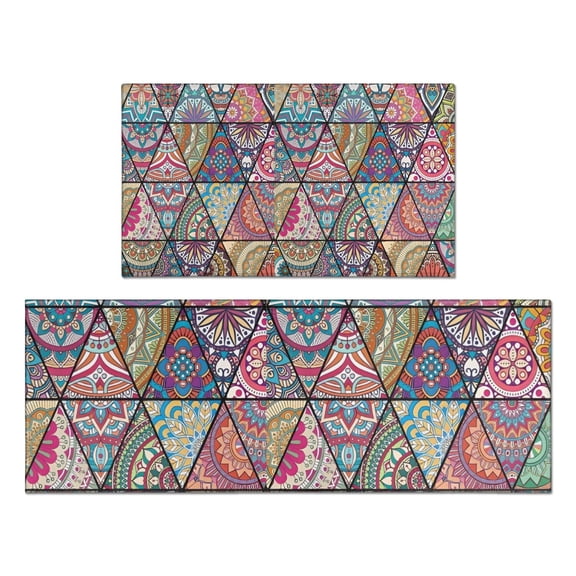 Blue Ethnic Triangle Pattern Kitchen Rugs Sets Of 2,Anti Fatigue Kitchen Mat Rugs Non Slip Washable,Decorative Kitchen Floor Mats for Kitchen,Sink,Laundry,17"x30"+17"x47"