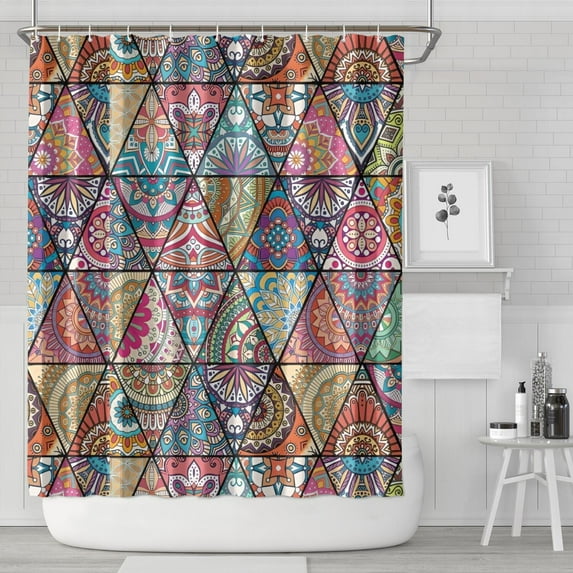 Blue Ethnic Triangle Pattern Shower Curtain 84"x72" ,Bathroom Decorative Shower Curtains Set with 12 Hooks,Modern Waterproof Washable Shower Curtain