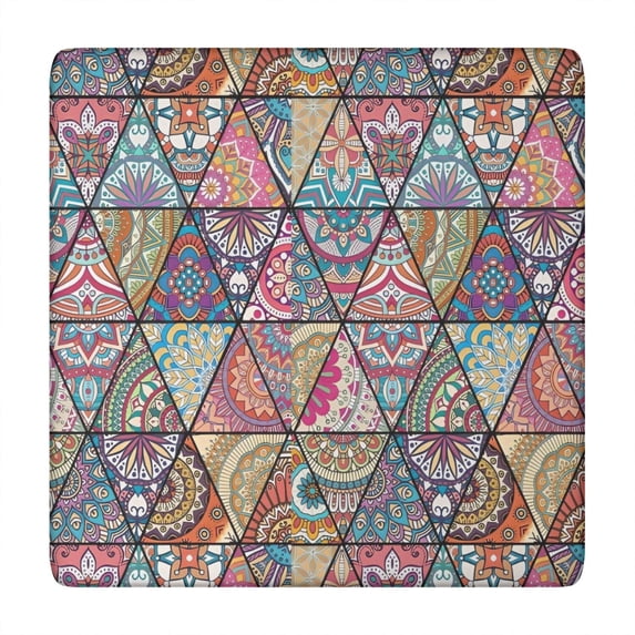 Blue Ethnic Triangle Pattern Square Fitted Tablecloth with Elastic Edge,Square Table Cover,Washable Elastic Table Cover for Home Kitchen Party Decor 34"x34"