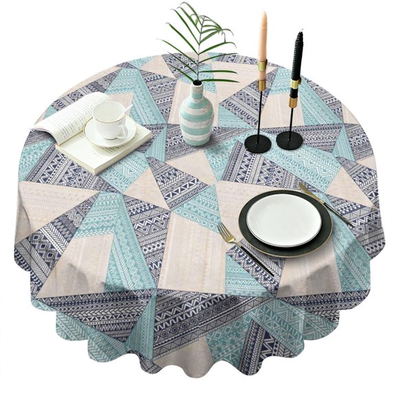 Blue Ethnic Triangle and Geometric Pattern Round Tablecloth 60"x60",Wrinkle Wipeable Table Cloth for Kitchen Dining Room Picnic Patio Party