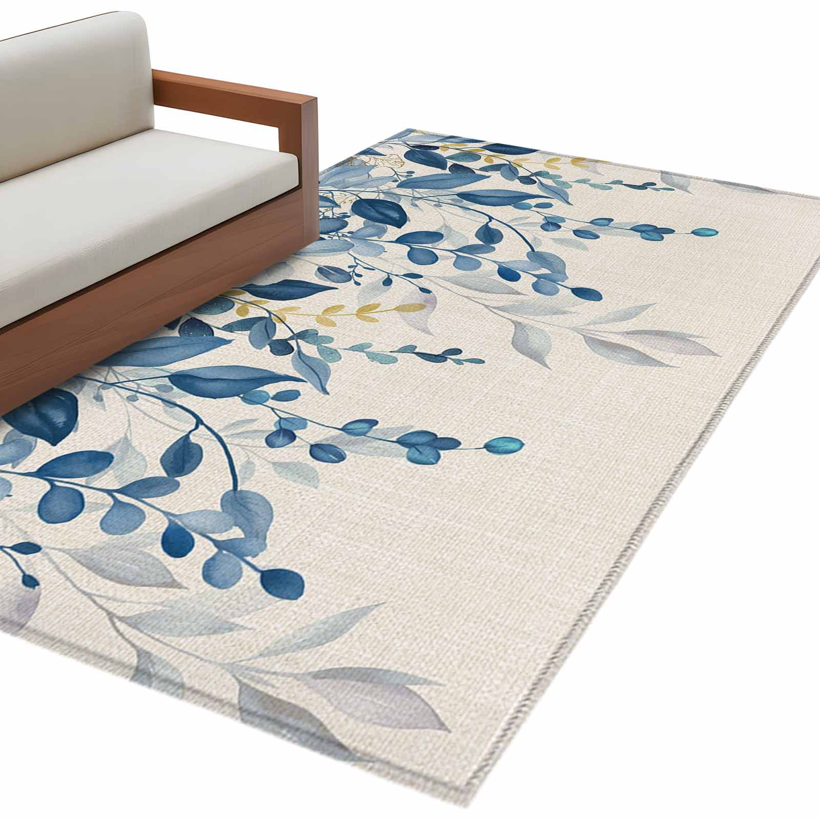 Blue Eucalyptus Area Rugs Collection 3'x5', Farmhouse Weeping Leaves ...