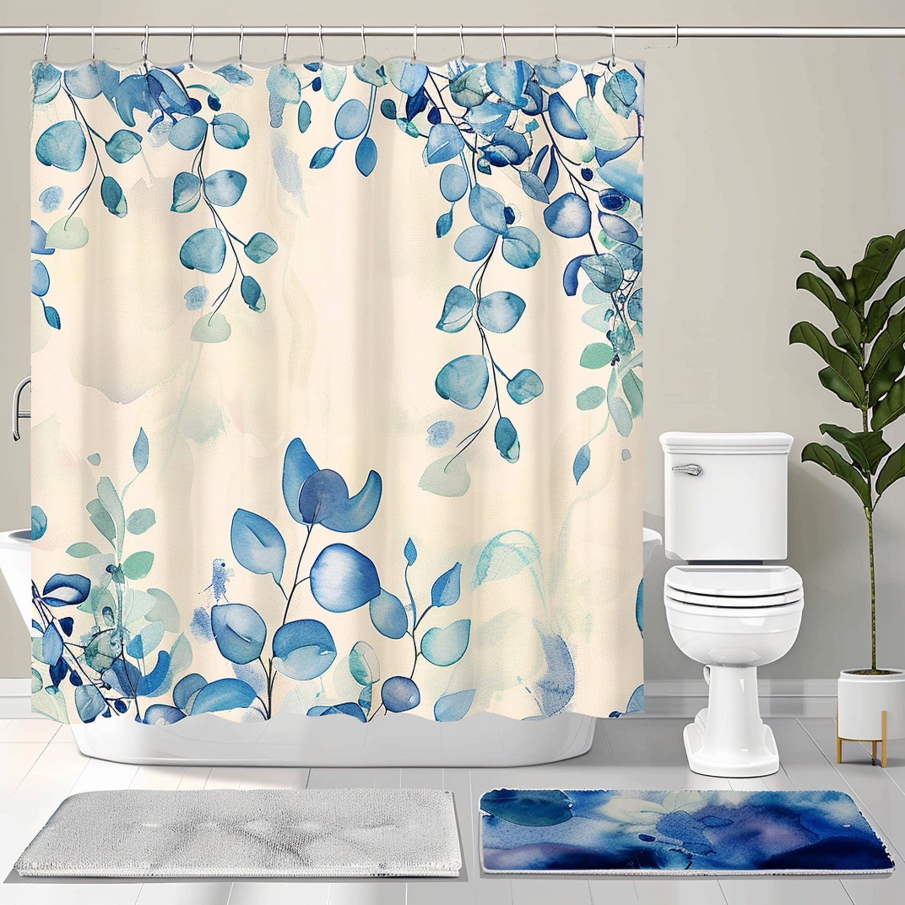 Blue Eucalyptus Bathroom Set Beige Background Watercolor Illustration