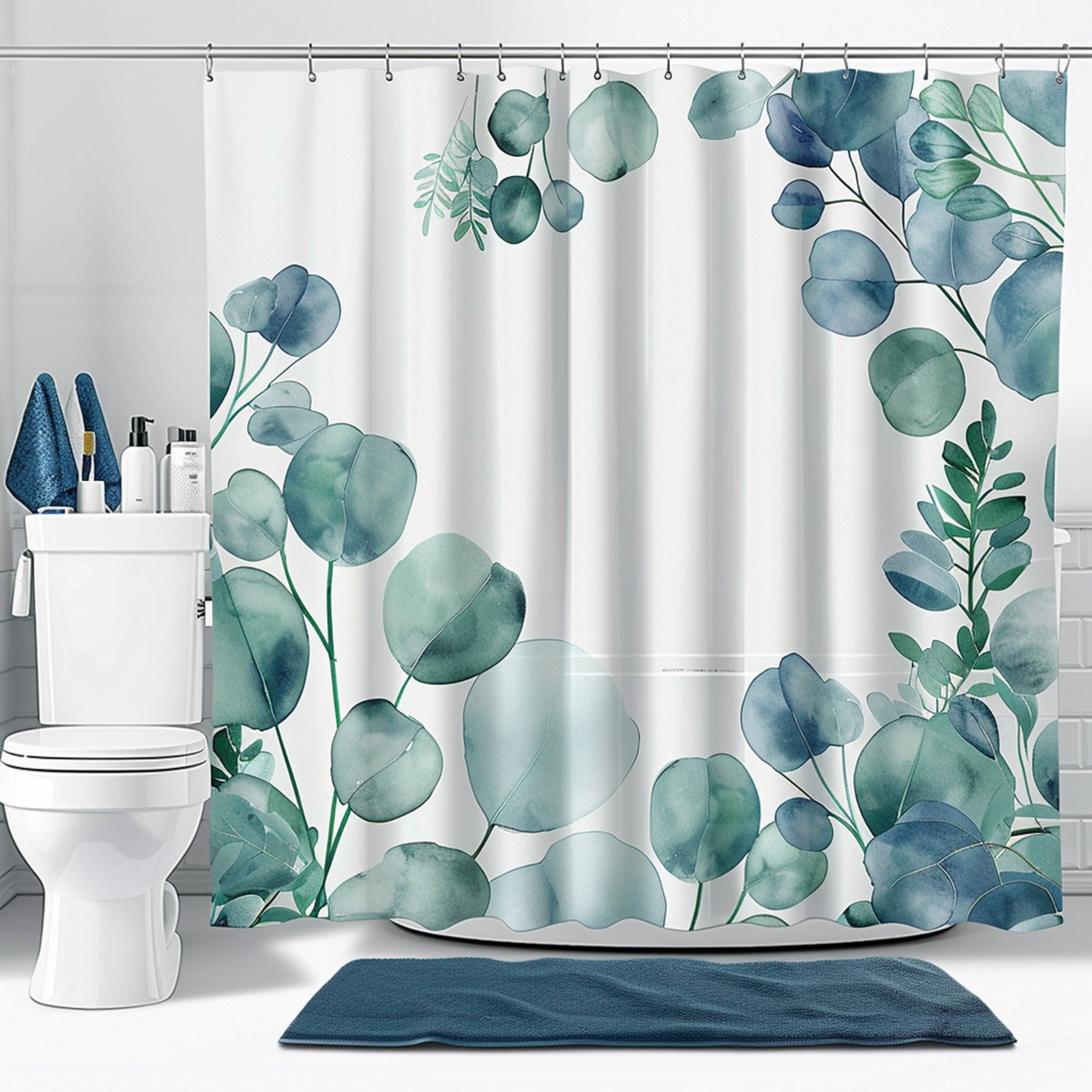 Blue Eucalyptus Bathroom Set: Shower Curtain Accessories White ...