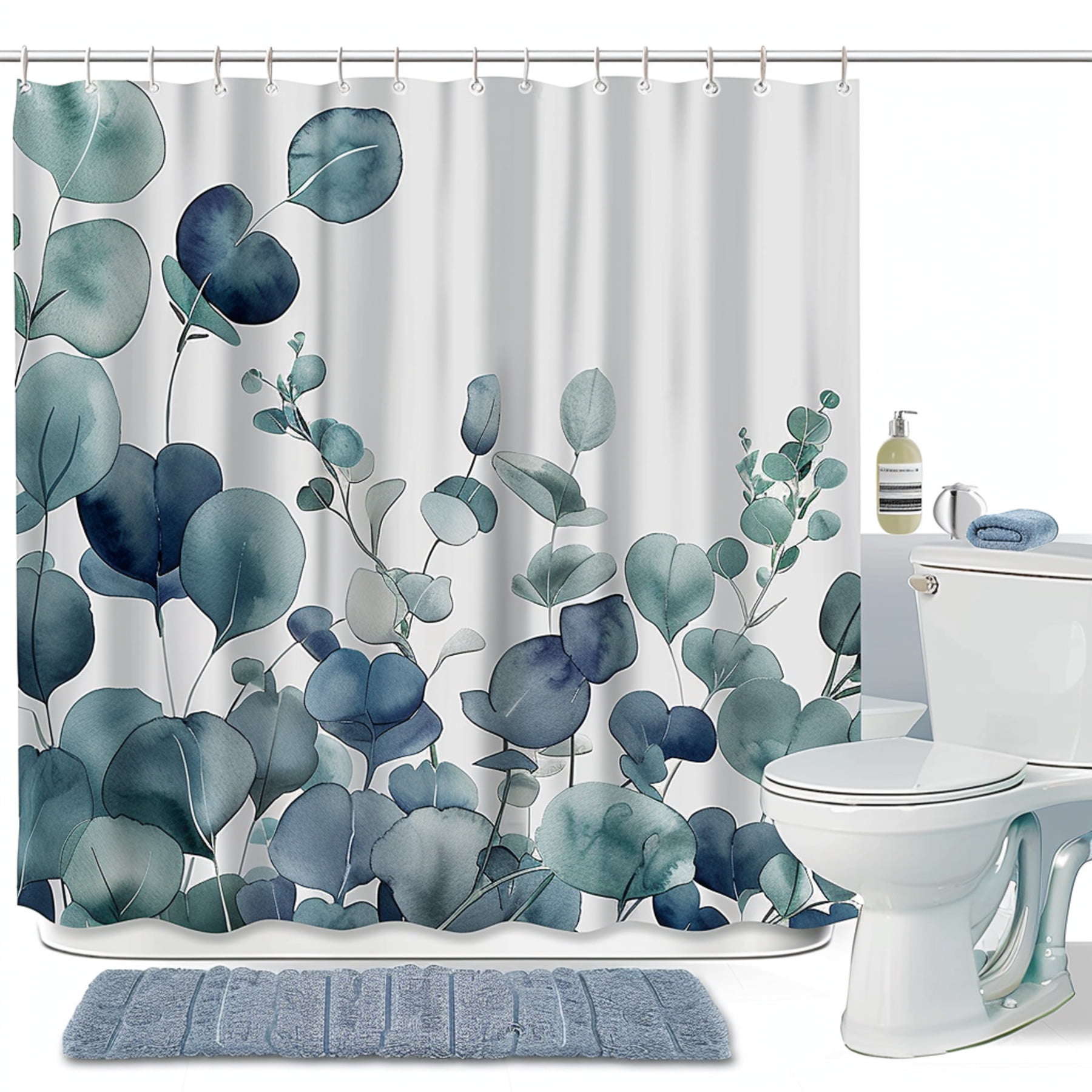 Blue Eucalyptus Bathroom Set with Shower Curtain White Background