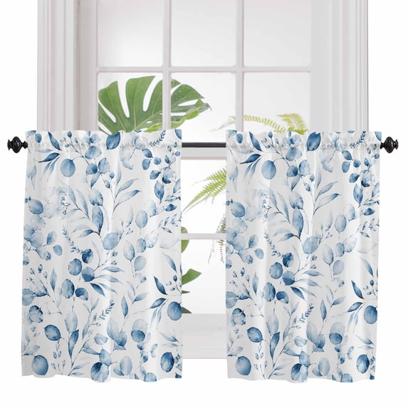 Blue Eucalyptus Bathroom Window Curtain, Summer Leaves Vintage Rustic Botanical Light Filtering Coffee Kitchen Curtains, Bedroom Living Room Curtains 2 Panel 84"x45"