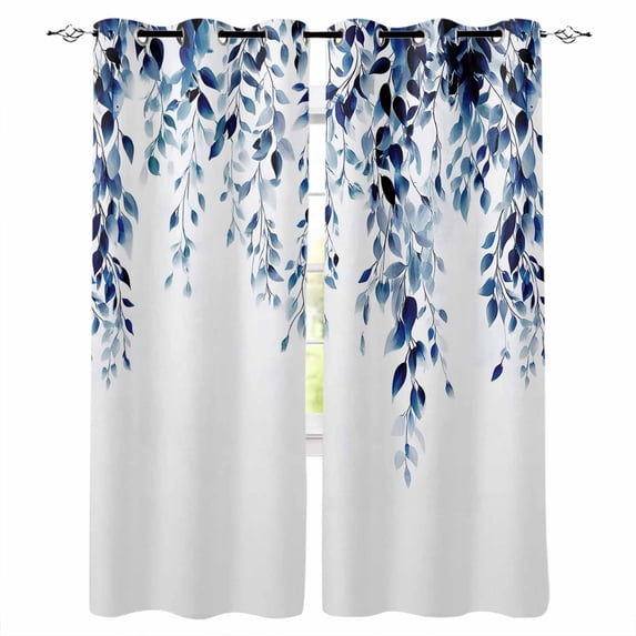 Blue Eucalyptus Blackout Curtains 39 Inches Long for Bedroom, Weeping Botanical Leaf Watercolor Thermal Insulated Room Darkening Black Out Window Curtain Panels Grommet Drapes for Living Room
